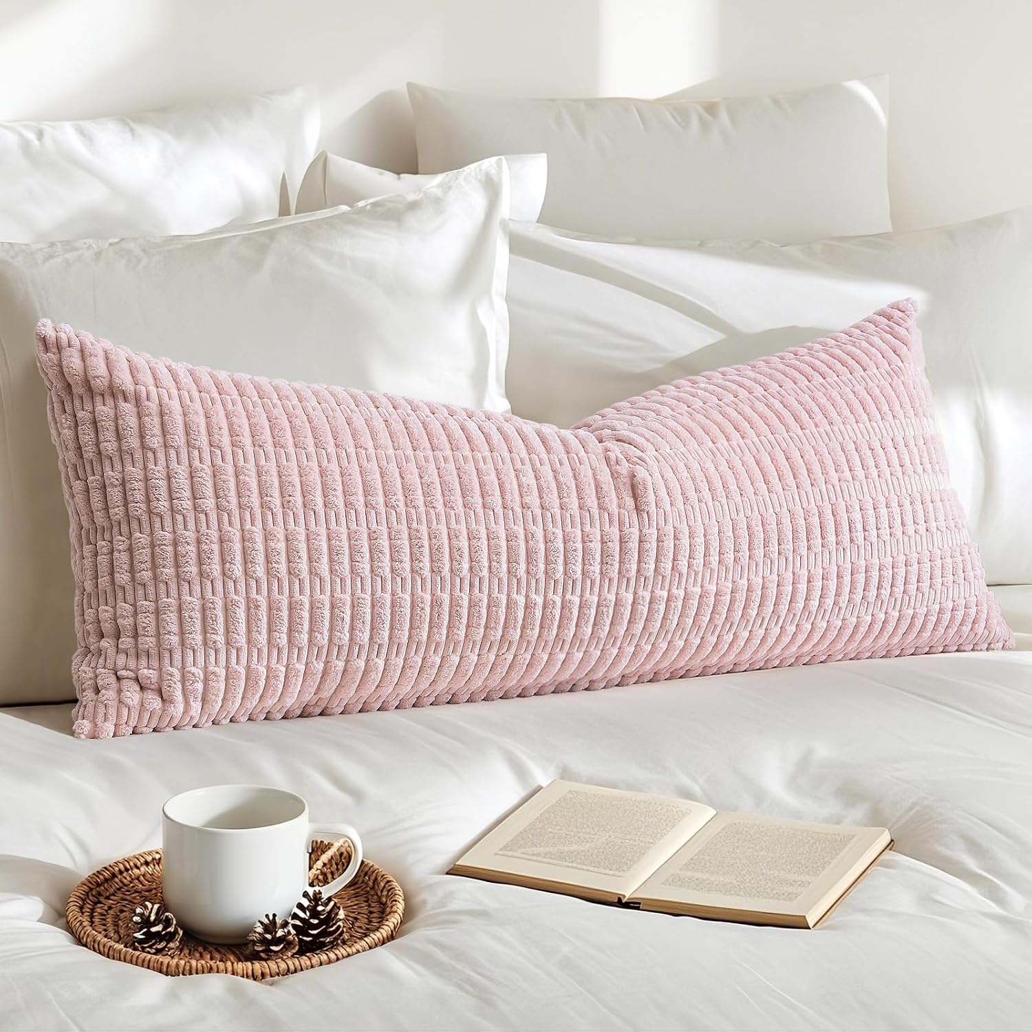 Otostar Corduroy Decorative Lumbar Throw Pillow Cover 14X36 Inch Super Soft Boho Striped Rectangle Pillow Covers Case Modern Cushion Covers For Sofa Couch Bedroom Car Decor Pink