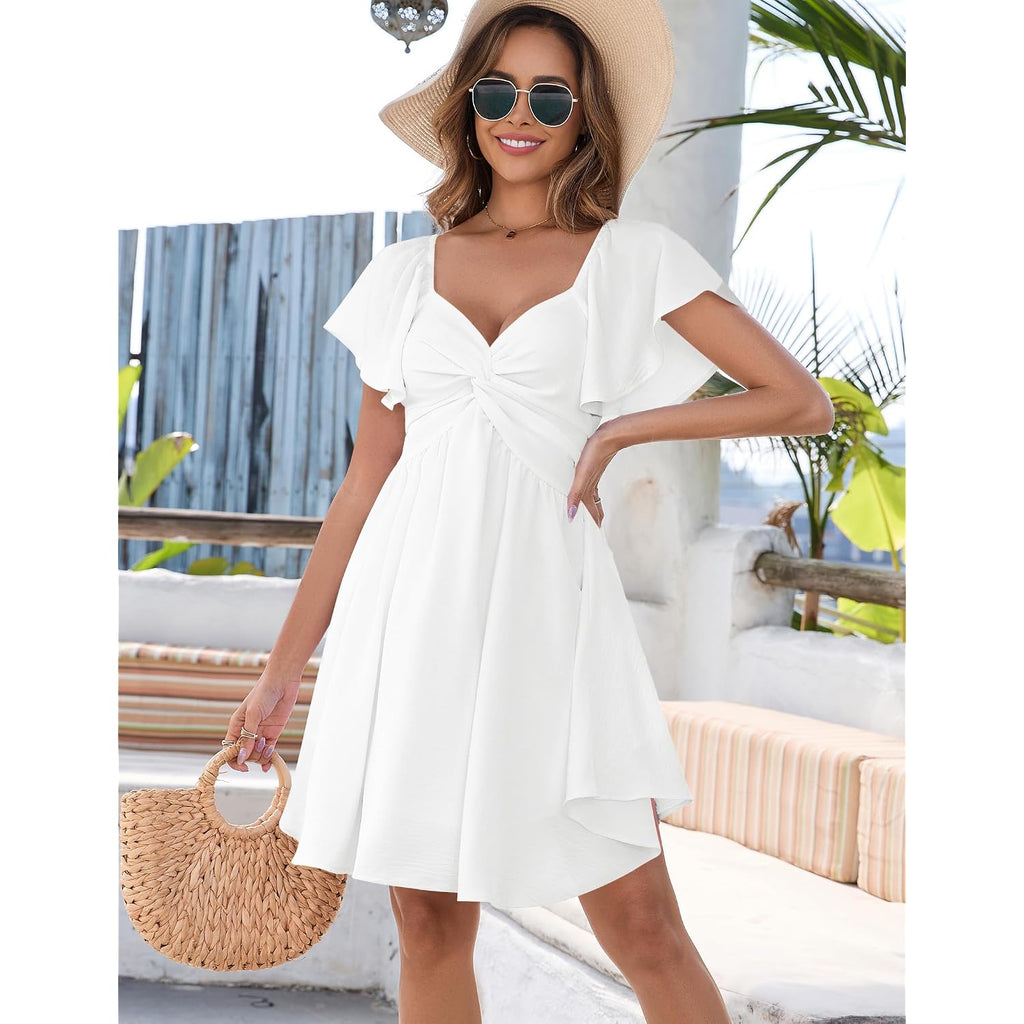 Florboom Women'S Sweetheart Knot Front Dress Flutter Sleeve Tie Back A-Line Chiffon Mini Dresses