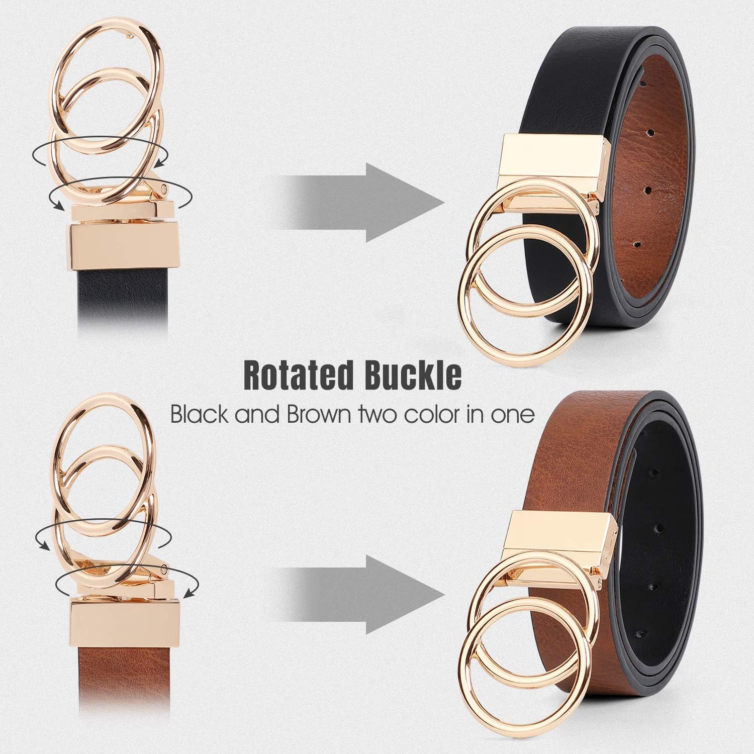 JASGOOD Women Leather Belt,Reversible Belt,Leather Waist Belt for Jeans Dress with Gold Double O Ring Rotate Buckle