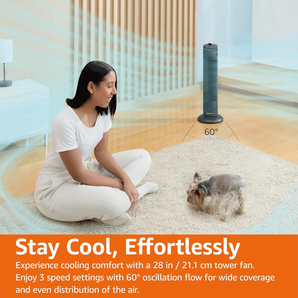 Amazon Basics 28" 60-Degree Oscillating Tower Fan With Powerful Airflow For Bedroom, Living Room, Office, 3 Speeds, Mechanical Control, Air Circulator, 35W, 27.8"H X 9.4"D X 9.4"W, Black