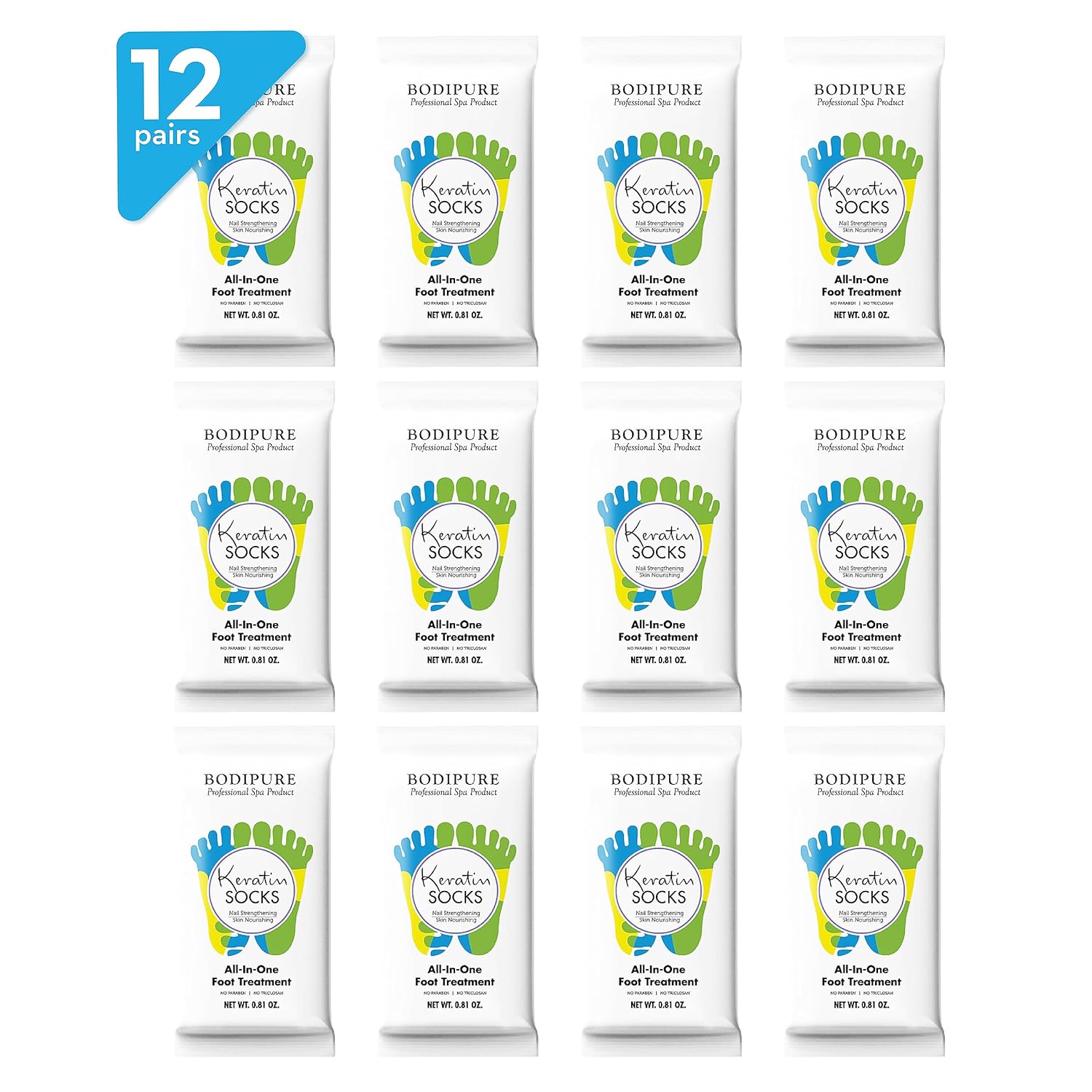 Bodipure All-In-1 Moisturizing Foot Mask, Keratin & Vitamin E Foot Mask for Dry Cracked Feet, Callus & Heel Softening, Easy-to-Use Pedicure Foot Repair, Chemical-free Feet Treatment 12 Pairs