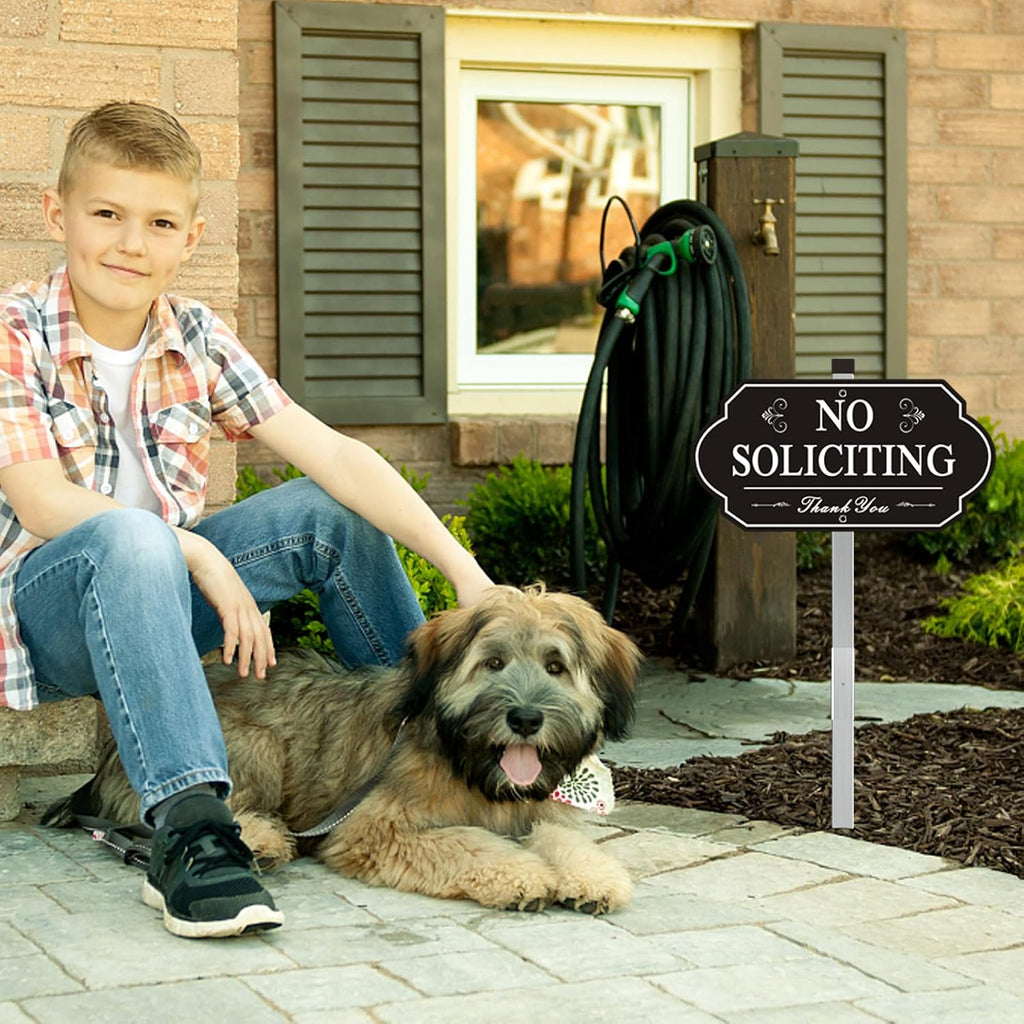 Heavy Duty No Soliciting Sign For House - All Metal Construction No Soliciting Yard Sign - 14" X 7" - Aluminum - With 28" Long Stake