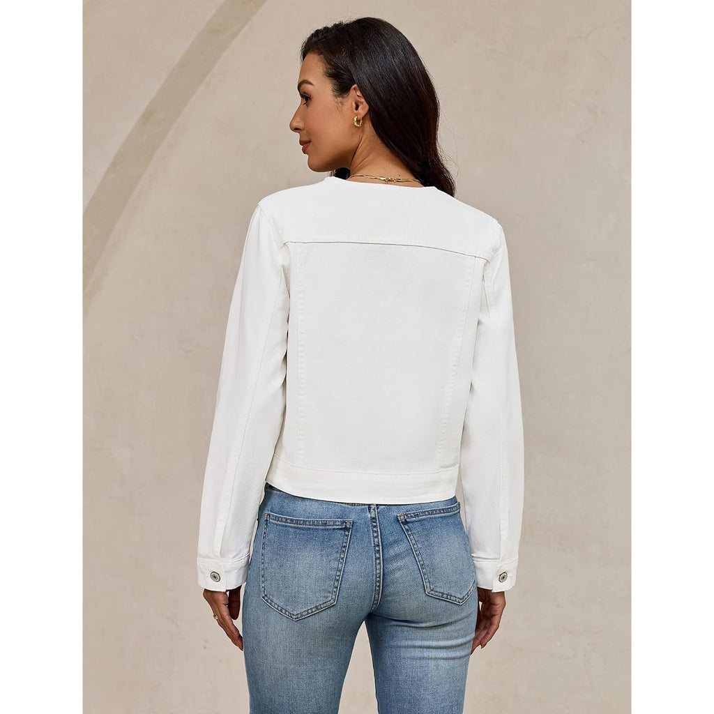 Luvamia Jean Jacket Women Trendy Collarless Button Down Long Sleeve Casual Western Denim Jacket Country Concert Outfits