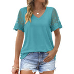 Ofeefan Casual V Neck T Shirts For Women Lace Short Sleeve Curved Hem Tops Loose Fit