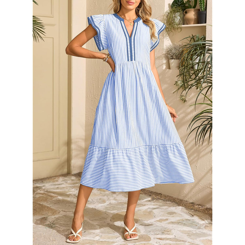 Dokotoo Womens Dresses 2026 Summer V-Neck Ruffle Cap Sleeve Empire Waist Flowy Striped Beach Midi Maxi Dress With Pockets