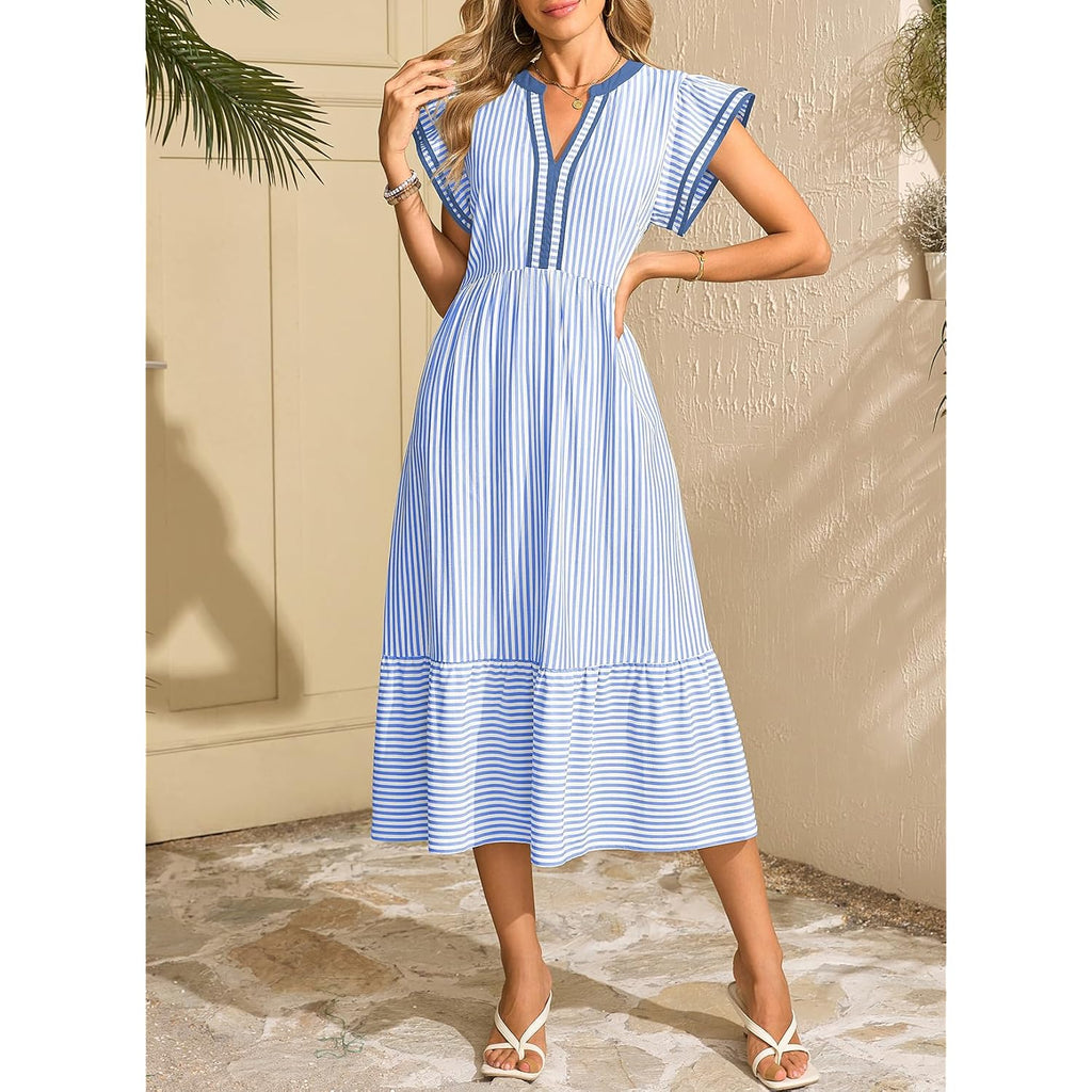Dokotoo Womens Dresses 2026 Summer V-Neck Ruffle Cap Sleeve Empire Waist Flowy Striped Beach Midi Maxi Dress With Pockets