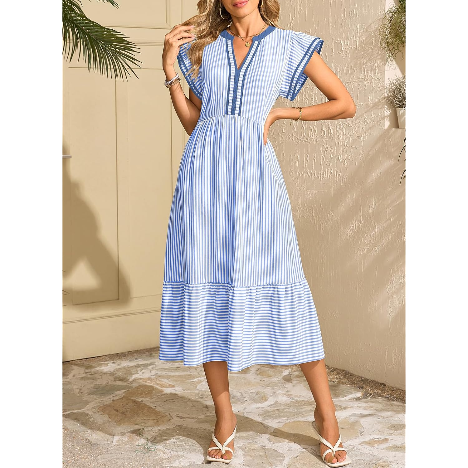 Dokotoo Womens Dresses 2026 Summer V-Neck Ruffle Cap Sleeve Empire Waist Flowy Striped Beach Midi Maxi Dress With Pockets