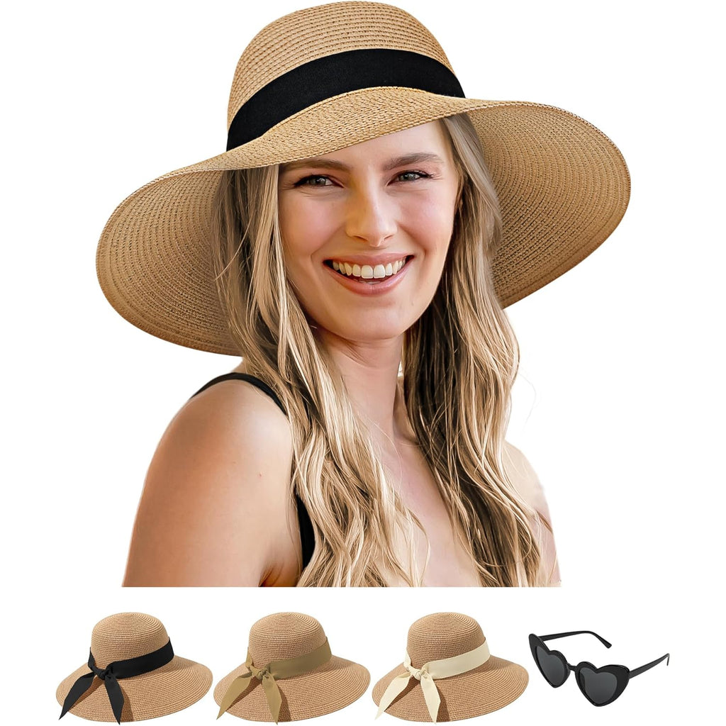 Senker Fashion Sun Hats for Women, Wide Brim Straw Floppy Hat for Beach Summer Vacation Garden Packable Roll Up UPF 50+