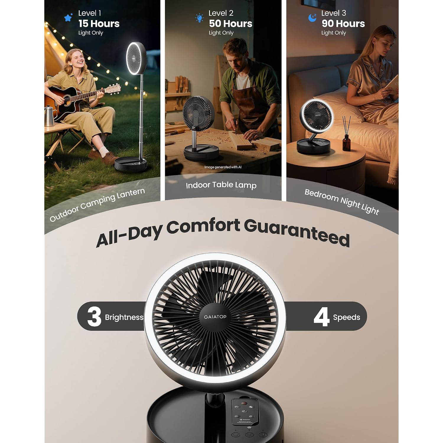 Gaiatop Portable Pedestal Fan 16000Mah Battery [Max 74H Runtime], Foldable Oscillating Standing Fan, Collapsible Desk Fans, Led Light, Case & Remote Control 4 Speeds For Outdoor Travel Camping (Black)