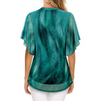 Women's Short Sleeve V Neck Blouses Shirts Floral Double Layers Mesh Tunics Tops