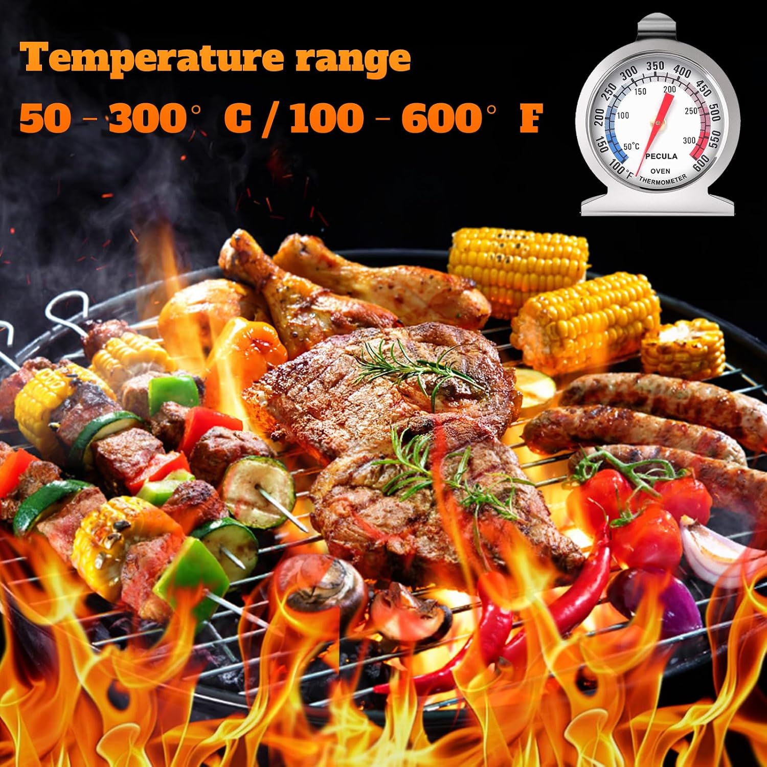 Stainless Steel Oven Thermometer 50-300°C/100-600°F, Analog Instant Read, Battery-Free Kitchen Cooking Thermometer, Hook & Stand Design Food Thermometer For Oven, Grill, Smoker, Fryer