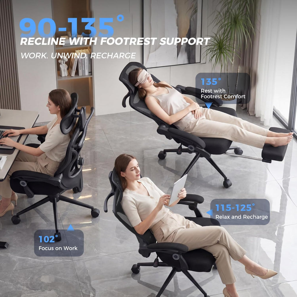 Cykov Ergonomic Office Chair With Footrest - Adjustable Lumbar Support & Headrest, 90-135° Reclining Mesh Back Computer Chair - Home Office/Gaming, 350Lbs Capacity