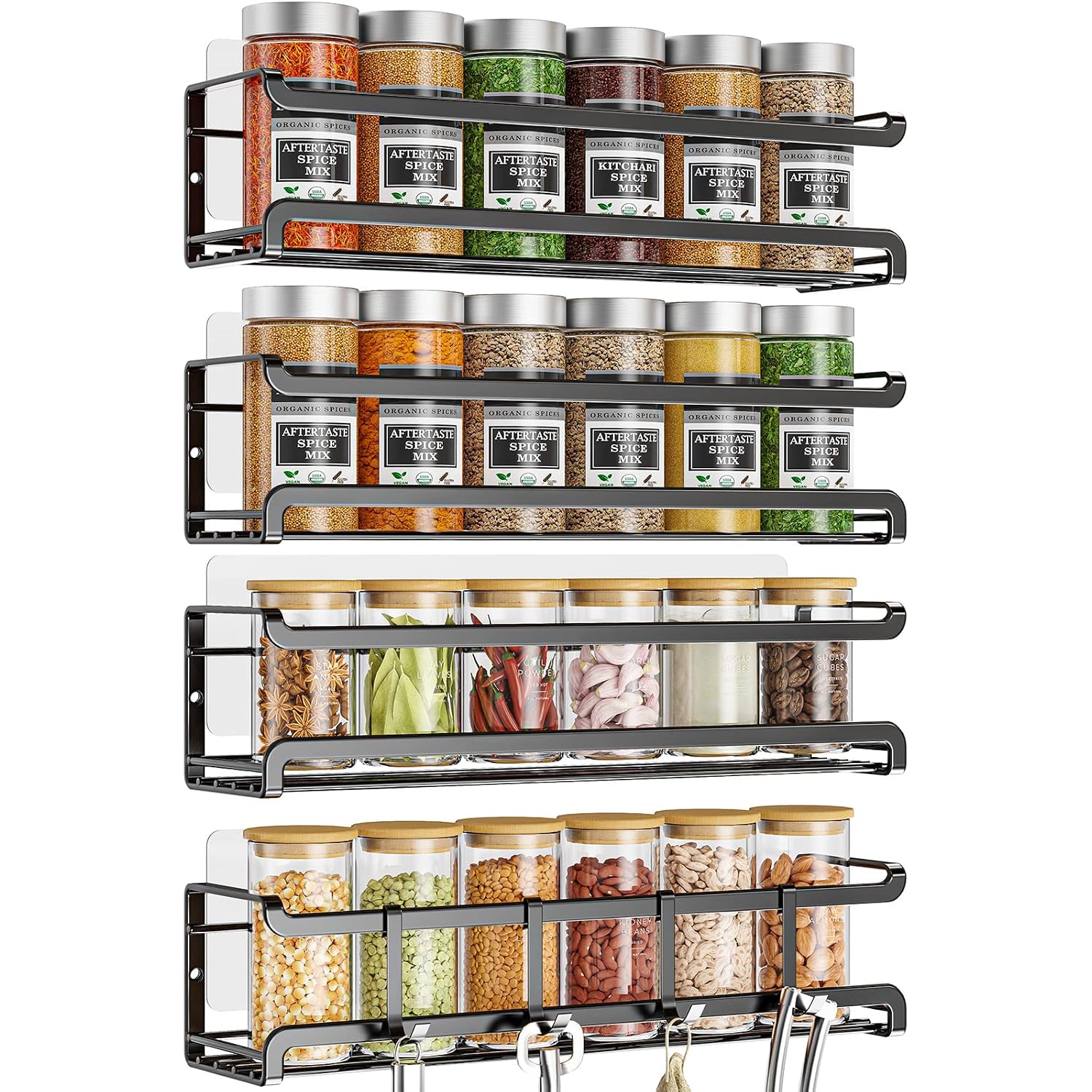 Bunoxea Spice Rack Wall Mounted 4 Pack, For Spice Jars & Seasonings,Black | 4 Removalble Hooks,Screw Or Adhesive Hanging, Space-Saving,For Kitchen Cabinet, Pantry Door,Stove,Rv Use,11.41X2.75X2.75In
