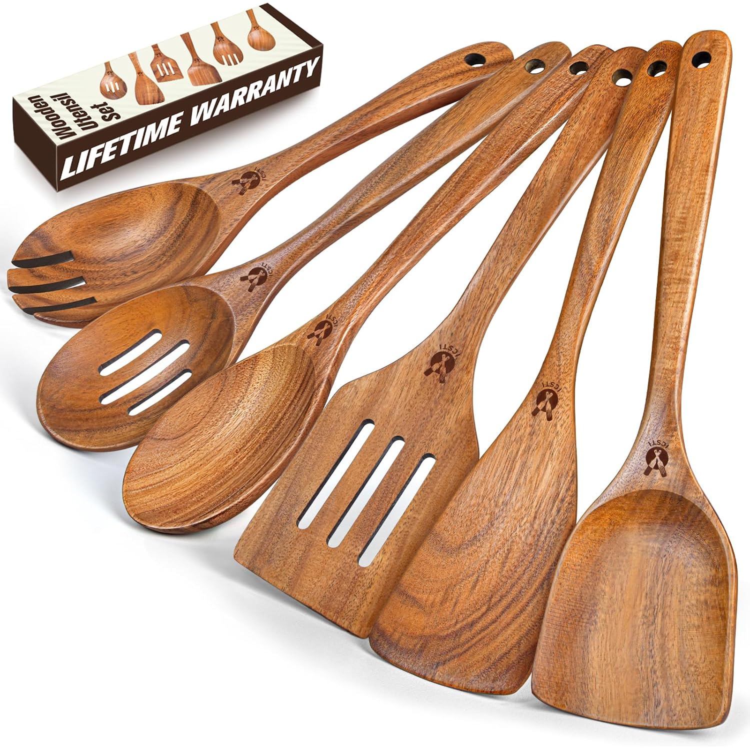 Wooden Spoons For Cooking, 6 Pcs Natural Teak Wooden Kitchen Utensils Set, Cooking Utensils Set With Long & Comfort Grip, Wooden Spoons Spatula Set Perfect For Non-Stick Cookware