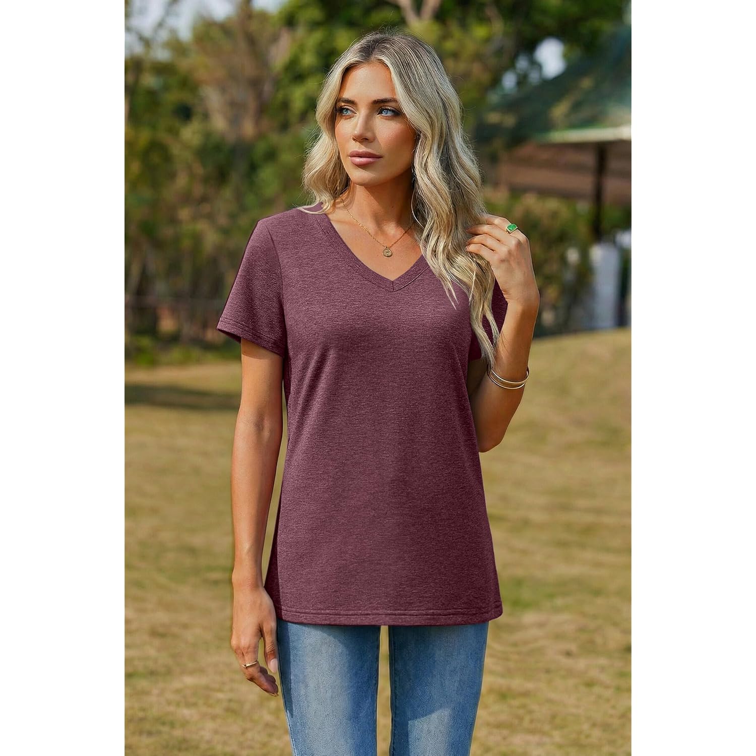 Zeagoo Womens Tops Summer Casual Short Sleeve Tshirts Business Basic Spring V-Neck Shirts Outfits S-3XL