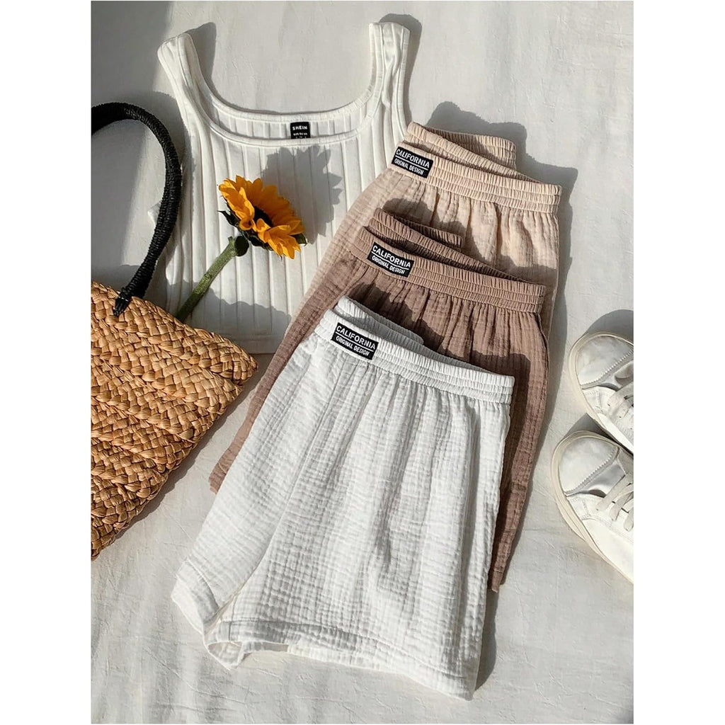 Women's Summer Shorts 3 Packs Elastic Waist Wide Leg Casual Cotton Shorts Sets
