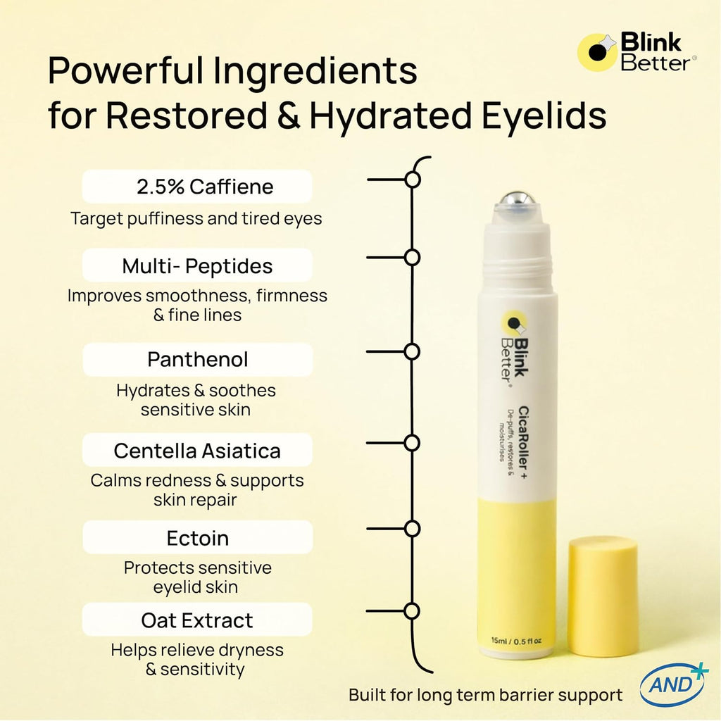 Blinkbetter Cicaroller+ Cooling Eye Roller Serum For Eyelids And Under Eyes – Refreshes, Revitalizes, Smooths & Hydrates Tired Eyes With 2.5% Caffeine, Peptides, Cica & Panthenol, 15 Ml