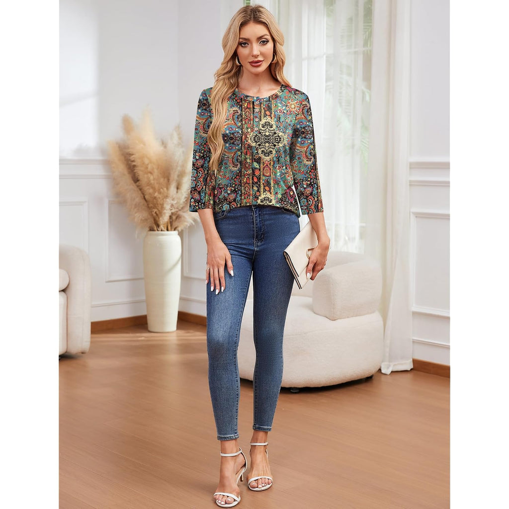 LOMON 3/4 Length Sleeve Womens Tops Casual Crewneck Pullover Tunics Summer Cute Blouses Fashion 2026