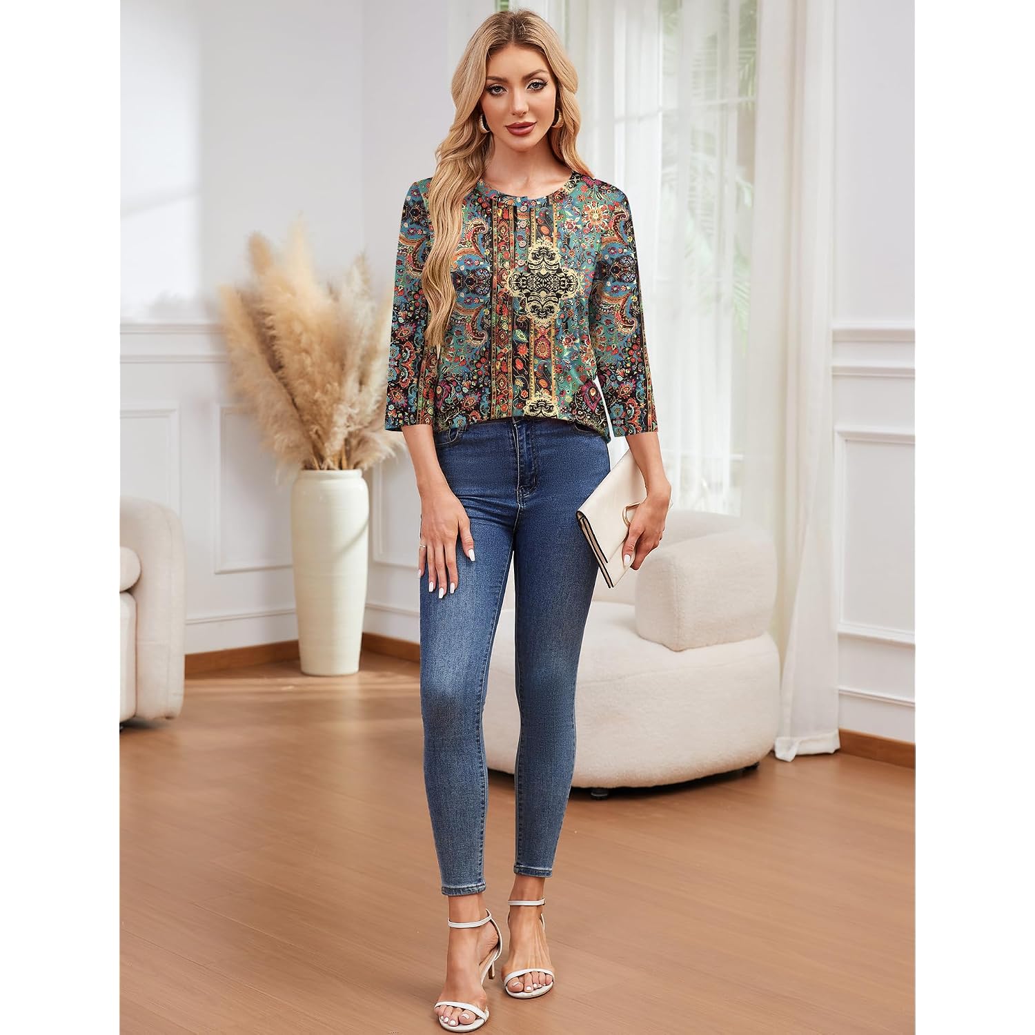 LOMON 3/4 Length Sleeve Womens Tops Casual Crewneck Pullover Tunics Summer Cute Blouses Fashion 2026