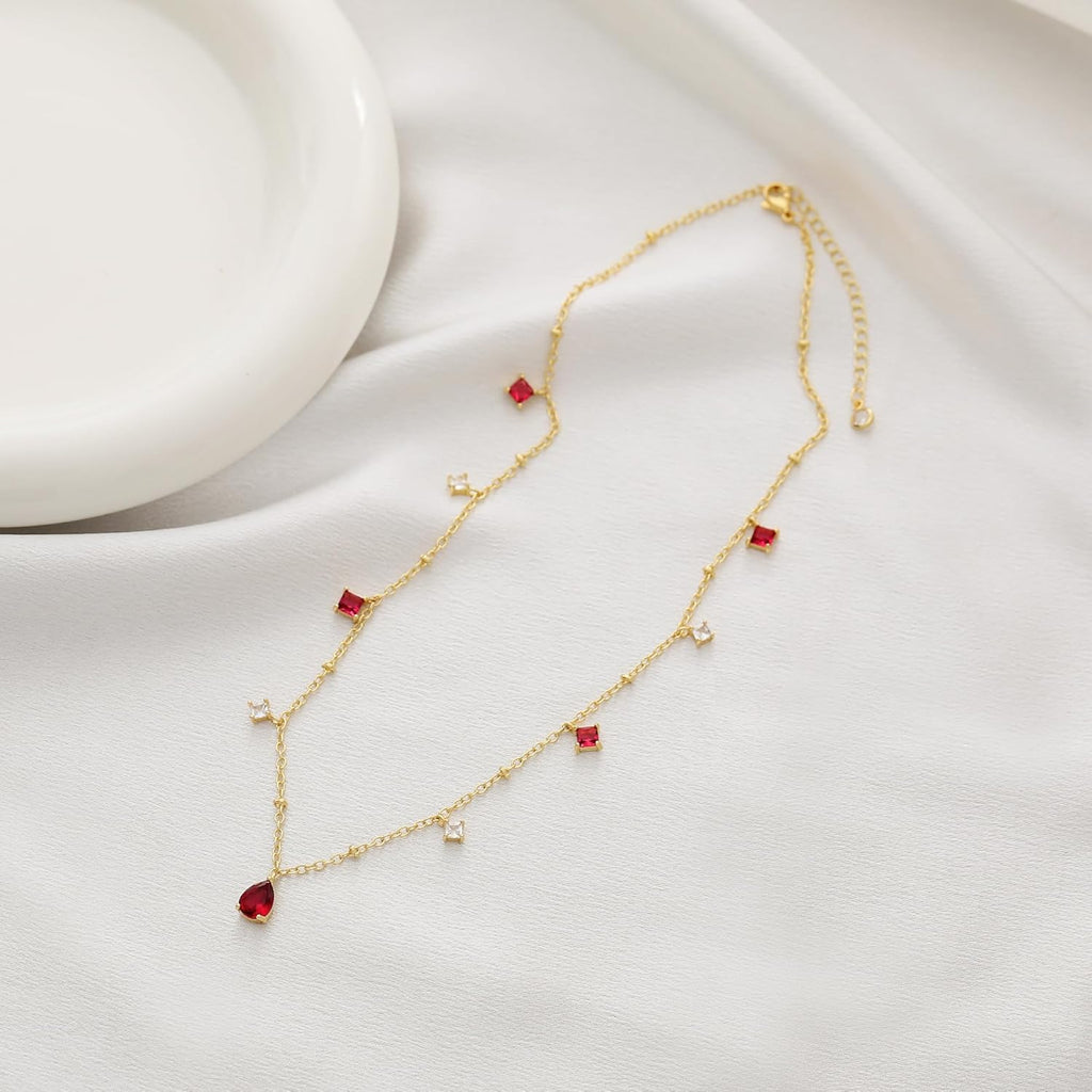 RLMOON Gold Necklaces for Women 14K Gold Plated CZ Diamond Choker Necklace Red Emerald Green Blue Black Teardrop Necklace for Wedding Bridesmaid Prom Trendy Gold Jewelry Gift