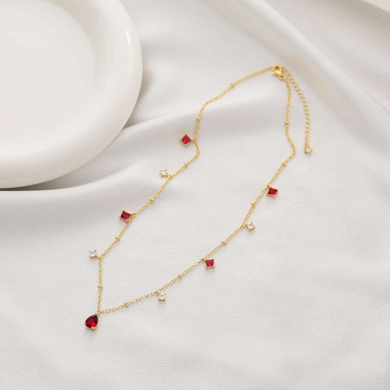 RLMOON Gold Necklaces for Women 14K Gold Plated CZ Diamond Choker Necklace Red Emerald Green Blue Black Teardrop Necklace for Wedding Bridesmaid Prom Trendy Gold Jewelry Gift