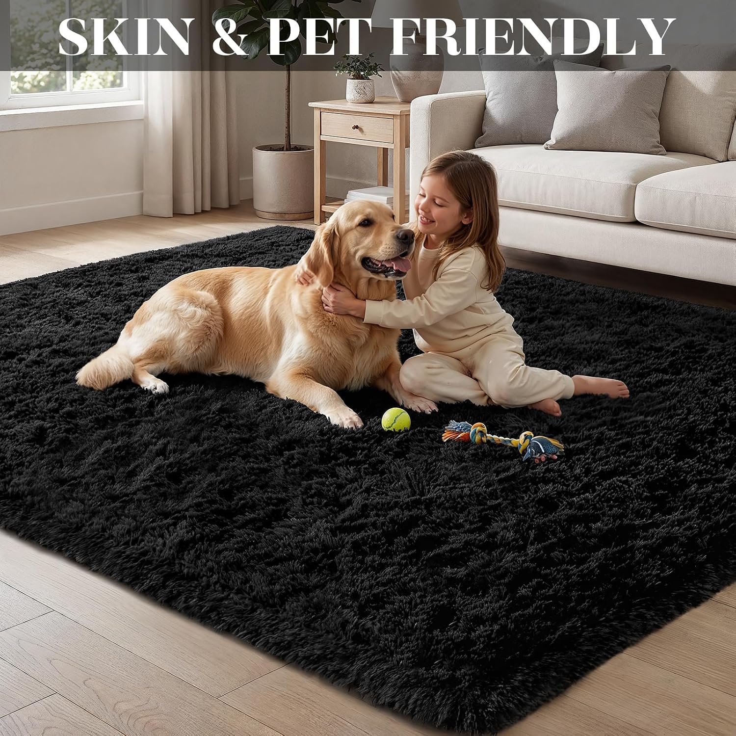 Area Rug For Living Room Bedroom: 5X7 Soft Fluffy Shag Rugs Upgrade Non-Slip High Pile Carpet Large Fuzzy Plush Indoor Floor Shaggy Carpets For Nursery Kid Playroom Office Dorms Home Decor Black