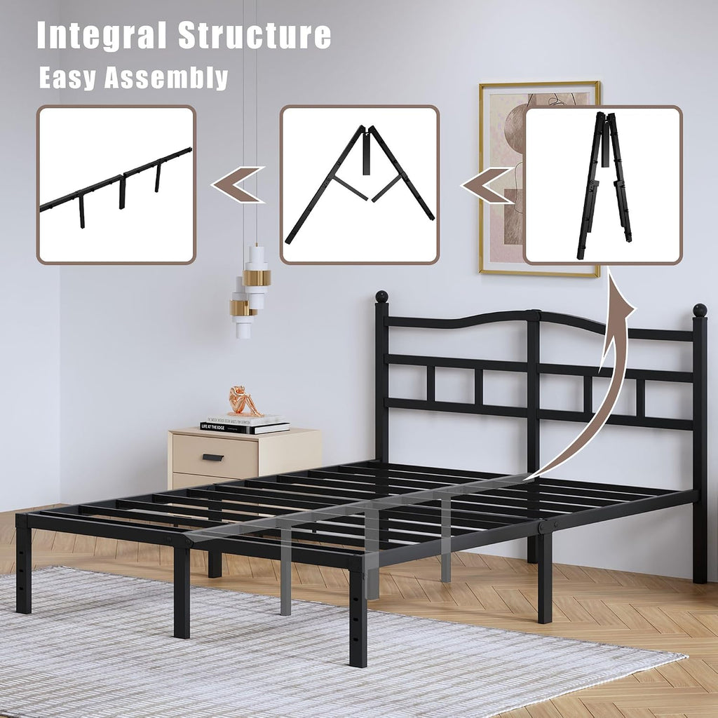 14 Inch Metal Bed Frame - Queen Size Heavy Duty Bedframe With Headboard Black Basic Steel Slats Platform No Box Spring Needed/Easy Assembly/Noise Free