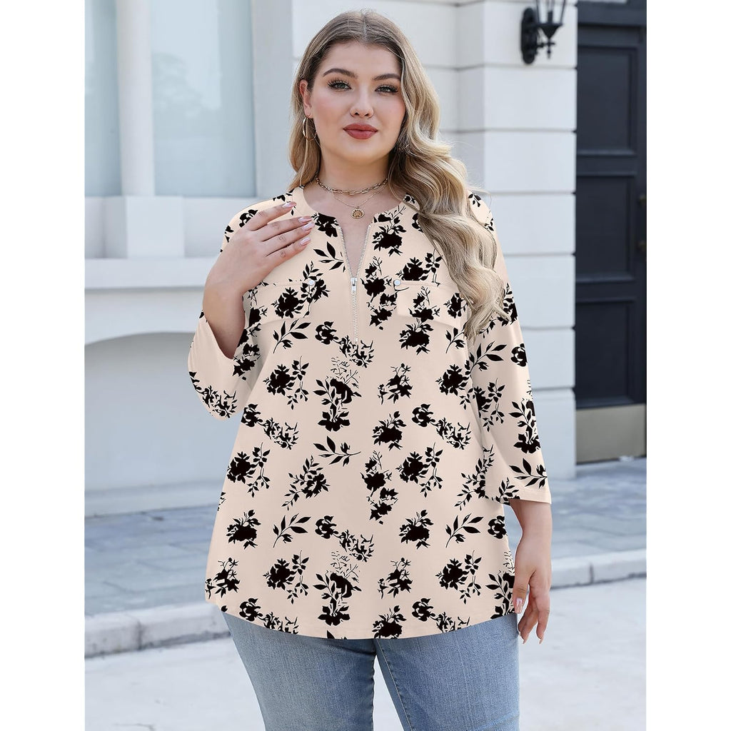 Lomon 3/4 Length Sleeve Womens Plus Size Tops V Neck Tunic Blouses Dressy Casual Oversized Basic Tees Loose Fit Shirts