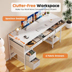 Sweetcrispy 47" Computer Desk With 6 Fabric Drawers, Home Office Gaming Desks With Storage Shelves For Bedroom, Writing Study Corner Living Room Work Table White