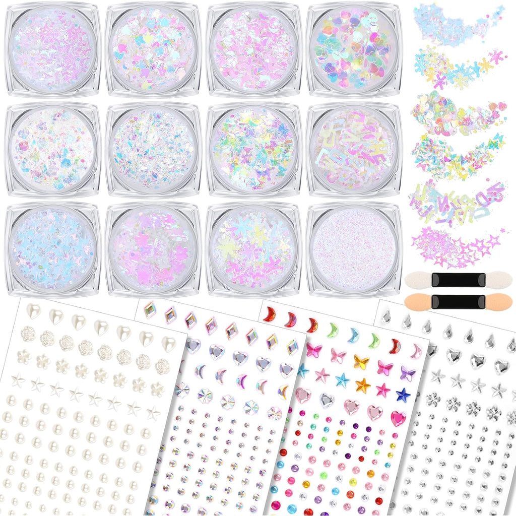 Teenitor Body Glitter With Face Gems Stickers Set, 12 Pots Iridescent White Face Glitter Hair Glitter Gel & 4 Sheets Hair Jewelry For Kids Makeup, Hair Gems & Pearls Mermaid Accessories For Rave