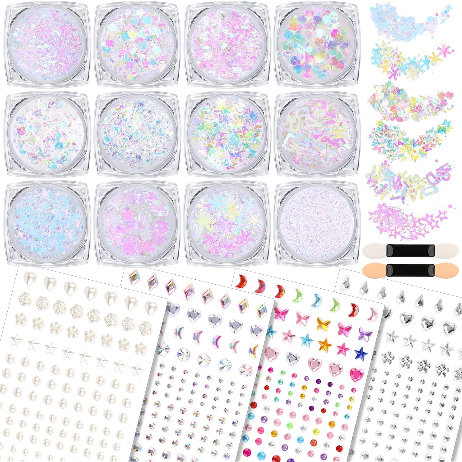 Teenitor Body Glitter With Face Gems Stickers Set, 12 Pots Iridescent White Face Glitter Hair Glitter Gel & 4 Sheets Hair Jewelry For Kids Makeup, Hair Gems & Pearls Mermaid Accessories For Rave