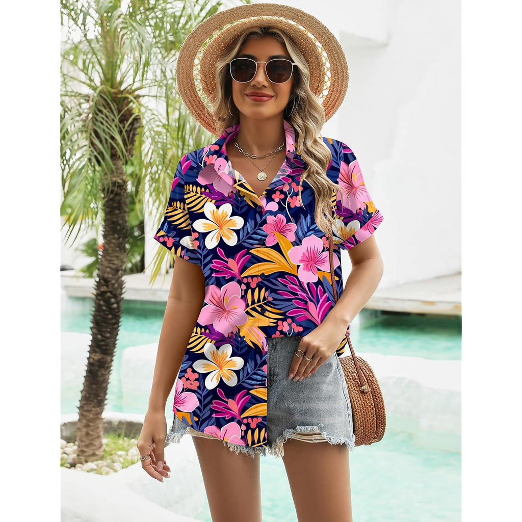 Lomon Women'S Summer Hawaiian Shirts Floral Short Sleeve Button Down Shirts Hawaii Tropical Beach Tops Outfits