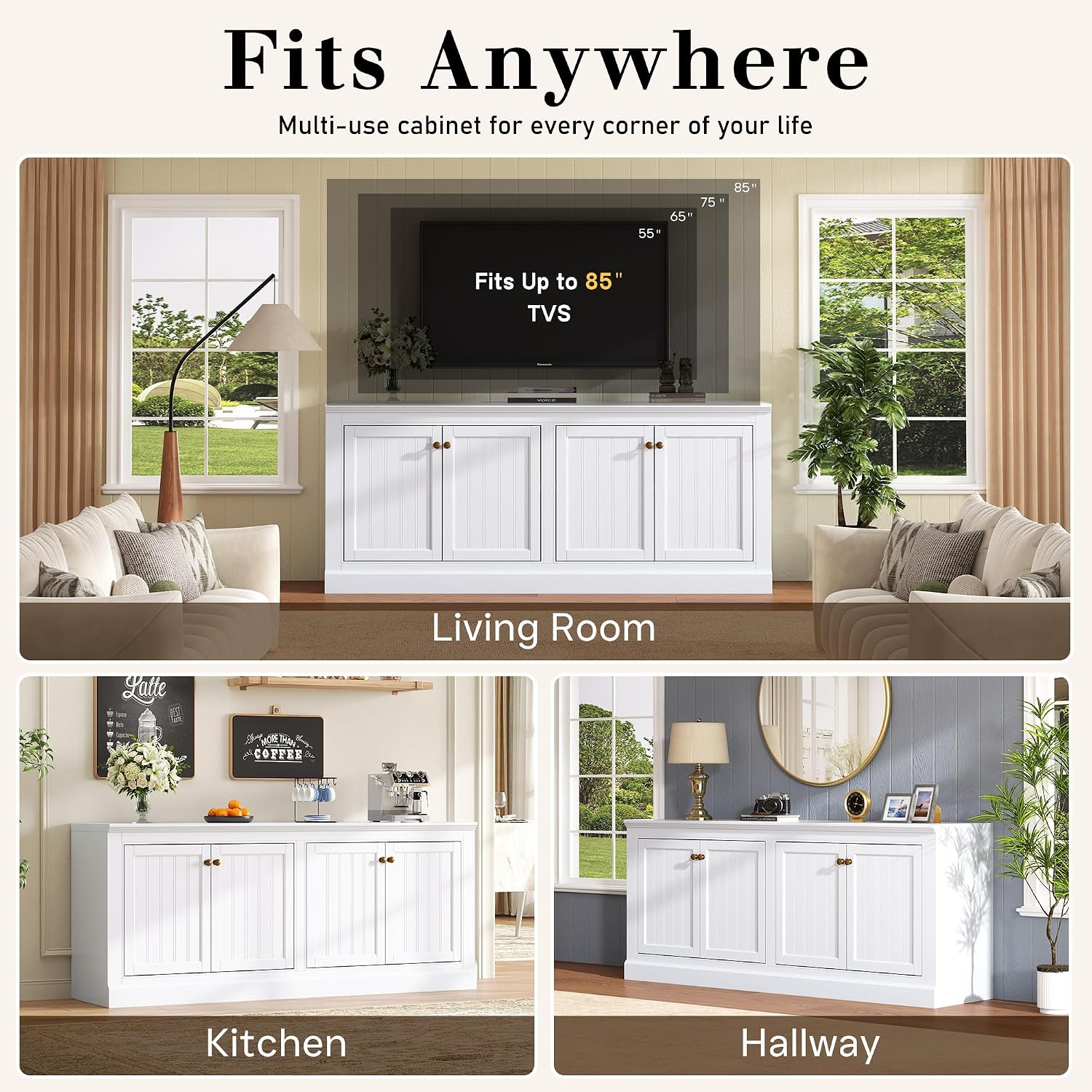 Amerlife 72" Farmhouse Sideboard Buffet Cabinet With Barn Doors | Large Storage Console Table, With Adjustable Shelves, Coffee Bar/Tv Stand For Living Room, Kitchen, Entryway, White