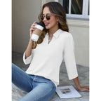 Akewei Womens 3/4 Length Sleeve Tops V Neck Casual Basic Tees Work Polo Shirts Collared Summer Top With Front Pocket