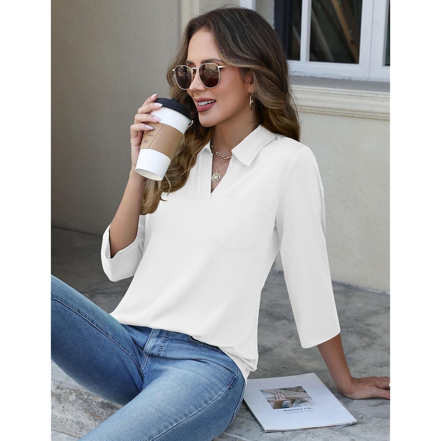 Akewei Womens 3/4 Length Sleeve Tops V Neck Casual Basic Tees Work Polo Shirts Collared Summer Top With Front Pocket