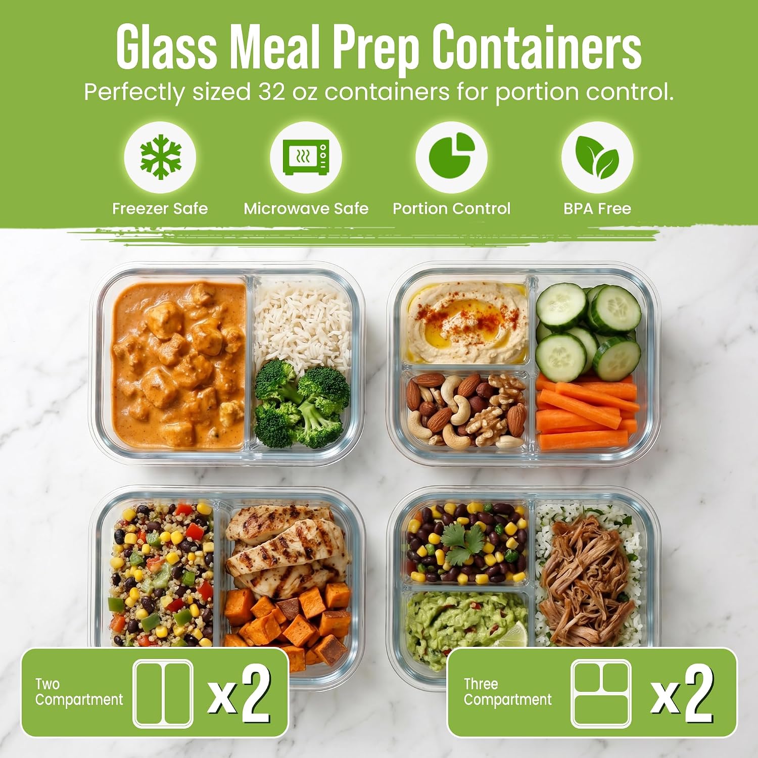 Fit Strong & Healthy Glass Meal Prep Containers, 2 & 3 Compartments - Portion Control, Lunch Container Set, Food Storage, Airtight Lids, Oven & Freezer Safe, Leak-Proof Bento Box, 32 Oz, Blue, 4 Pack