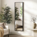 Fictor Full Length Mirror With Stand, Floor Standing Mirror Full Body, Hd Shatterproof Black Frame Wall Mirror For Bedroom, Living Room, Dressing Room & Entryway, 56"X15"