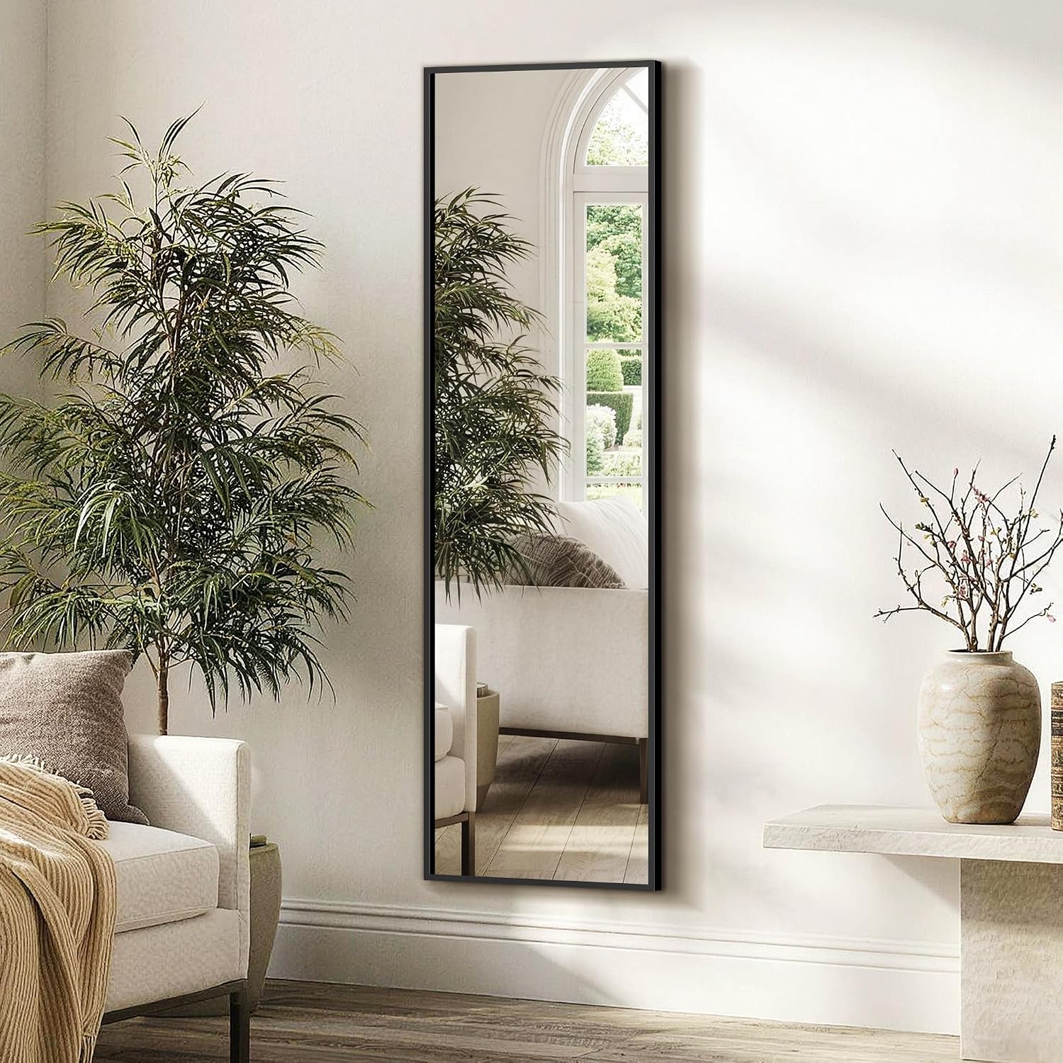Fictor Full Length Mirror With Stand, Floor Standing Mirror Full Body, Hd Shatterproof Black Frame Wall Mirror For Bedroom, Living Room, Dressing Room & Entryway, 56"X15"