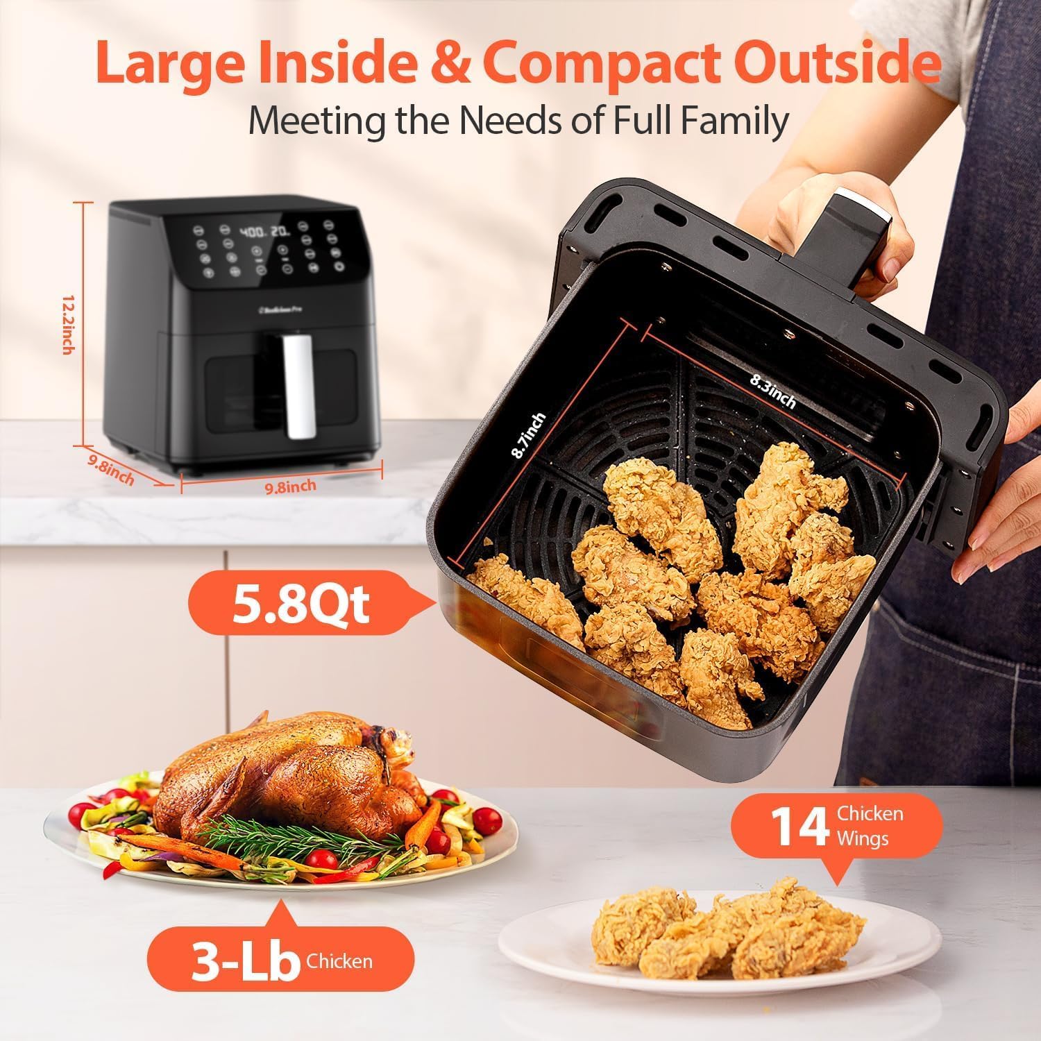 Beelicious Large Airfryer, 12-In-1 Digital Airfryer With Window, Dishwasher Safe, 5.8Qt, 40+ Recipes, Flavor-Lock Tech, Shake Reminder, Compact, Quiet, Nonstick Air Fryers. Black