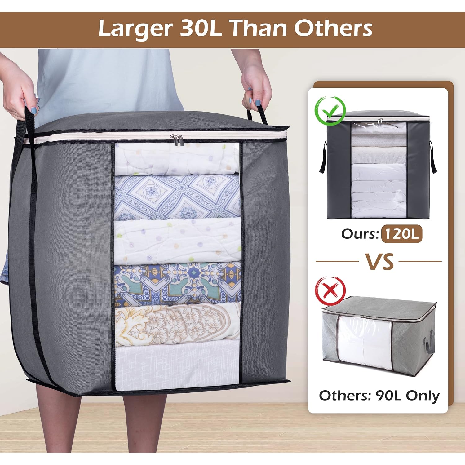 Sleeping Lamb 120L Extra Large Blanket Storage Bags Breathable Clothes Storage Containers For King Comforter Bedding Pillow Sheet, Reinforced Handles, Grey