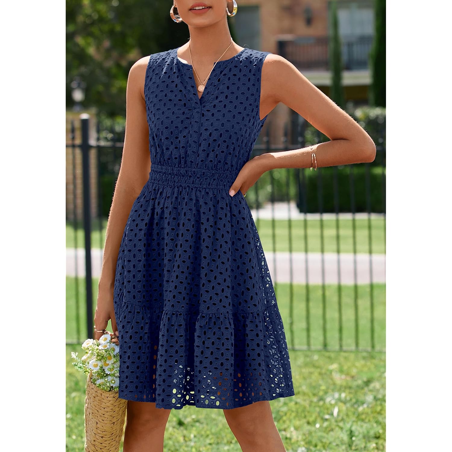 Prettygarden Women'S Summer Dresses 2026 Sleeveless V Neck Eyelet Hollow Out Swing A Line Beach Vacation Sun Dress
