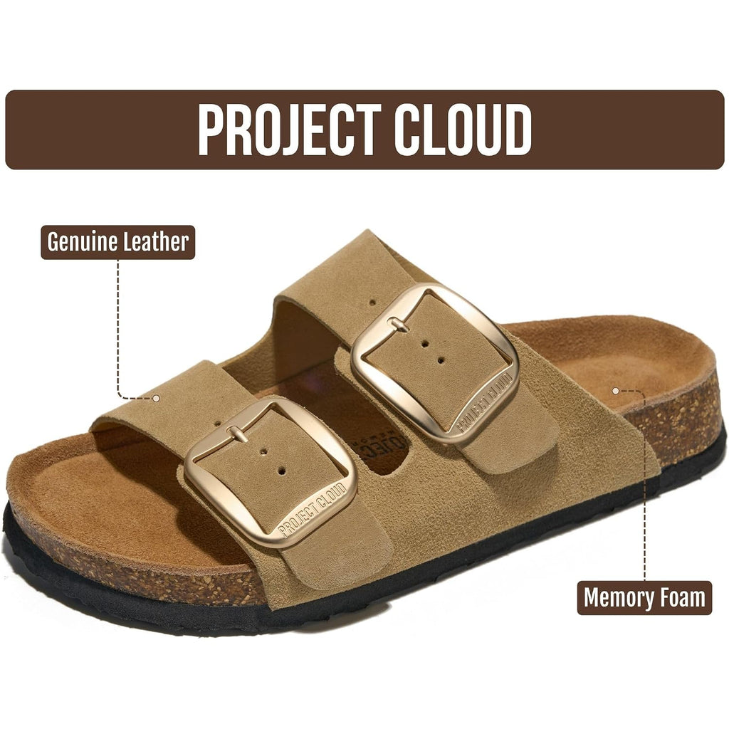Project Cloud 100% Genuine Leather Footbed Sandals For Women 2026 Comfortable Beach Essentials Womens Sandals Memory Foam Vacation Essentials Slides For Women Footwear (Santorini)
