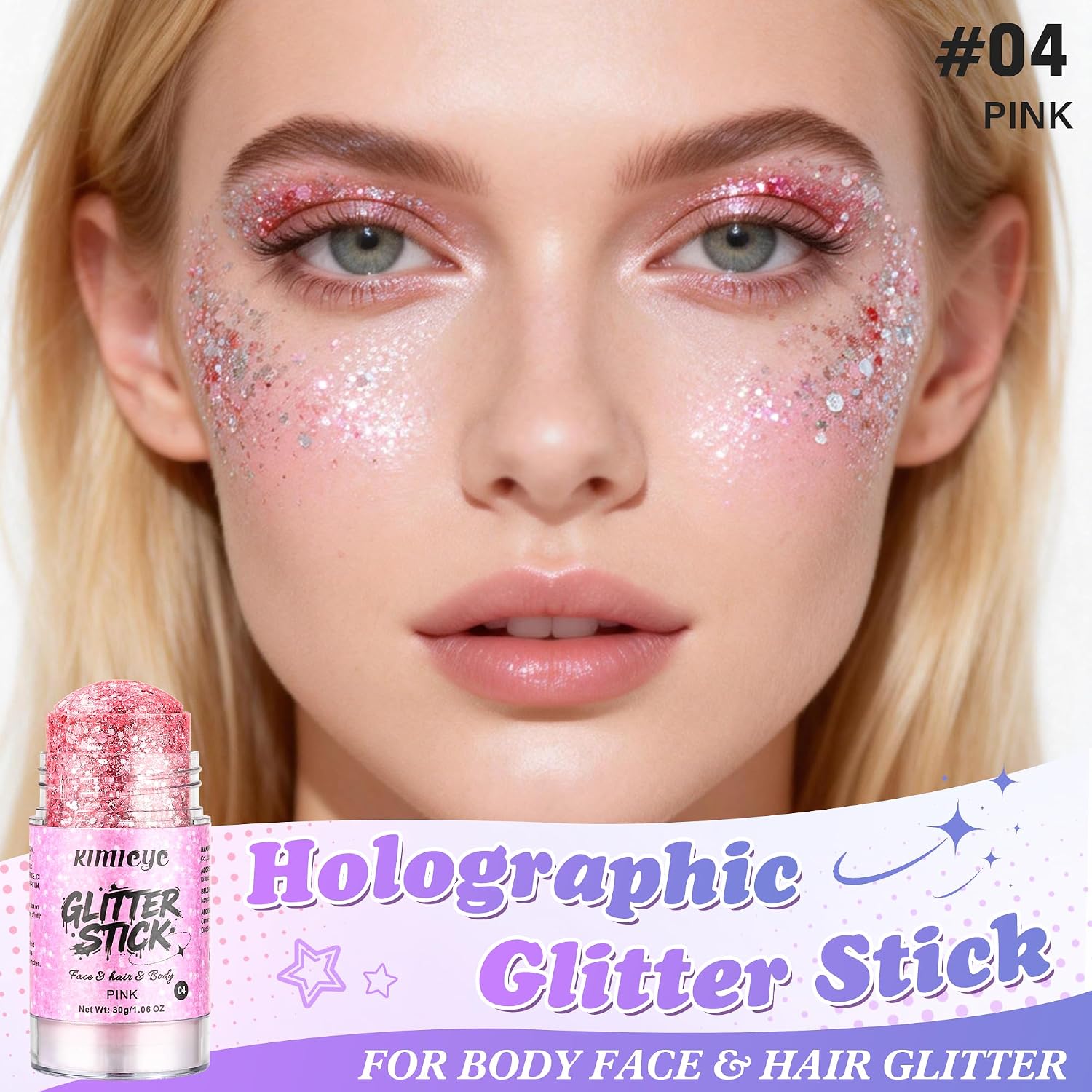 Pink Hair Face Body Glitter Stick For Sparkling Makeup, Holographic Chunky Mermaid Sequins Fairy Glitter Stick For Singer Concerts Mardi Gras Outfit Rave Accessories, 1.06 Oz, #4