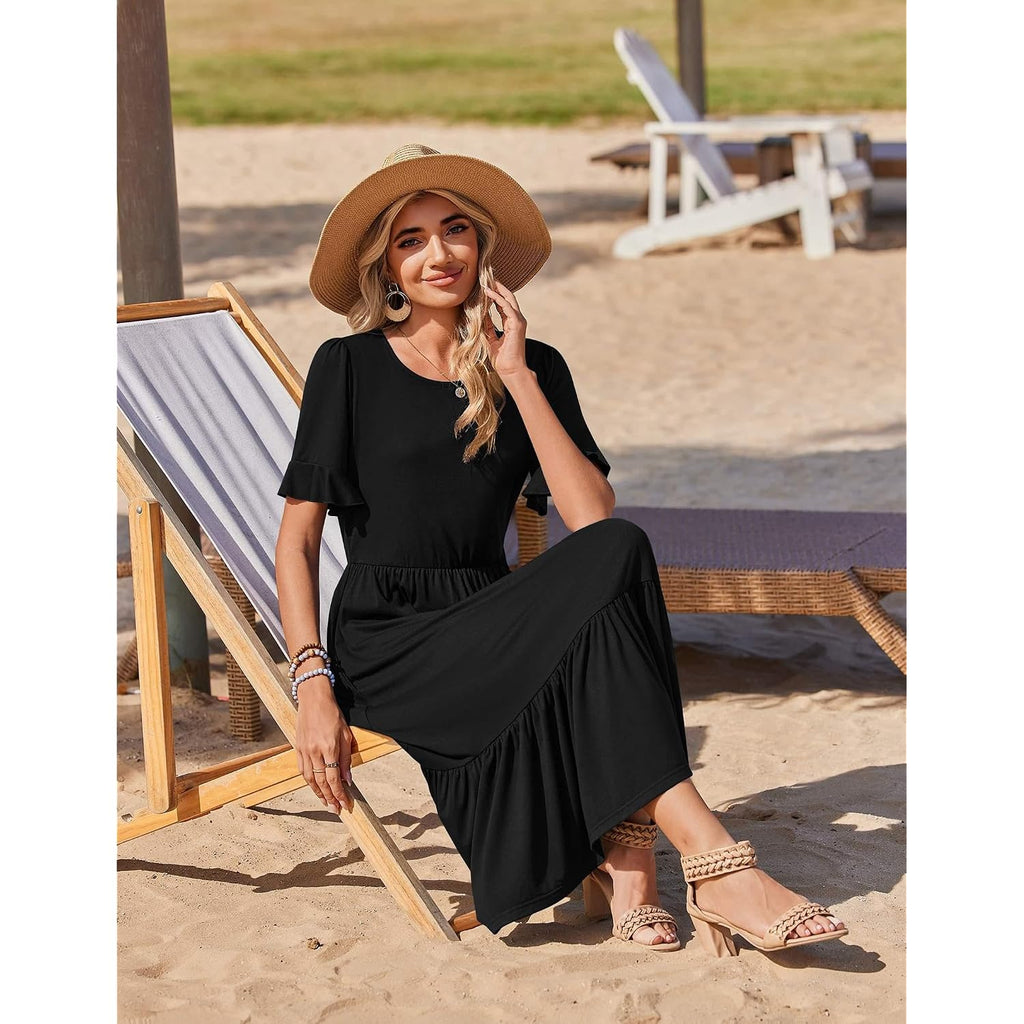 Zeagoo Womens Summer Dresses 2026 Casual Midi Dress Flowy Sundress Ruffle Short Sleeve Tiered Dresses A Line Boho Dress