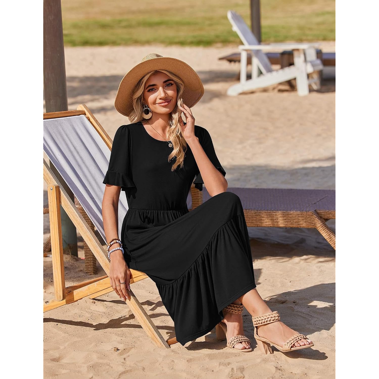Zeagoo Womens Summer Dresses 2026 Casual Midi Dress Flowy Sundress Ruffle Short Sleeve Tiered Dresses A Line Boho Dress