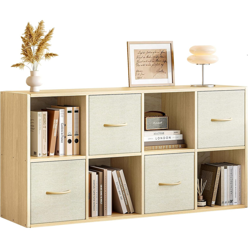 8 Cube Storage Organizer - Solid Wood Bookshelf With 4 Storage Bins, Cube Shelf With 2 Removable Back Panels, Vertical Or Horizontal Bookcase, Open Book Shelf For Bedroom, Living Room, Office