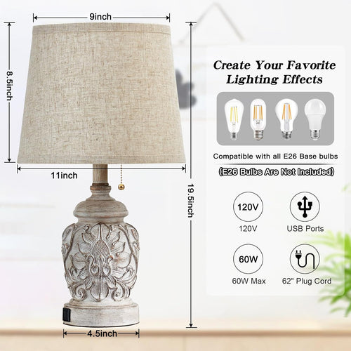 19.5" Vintage Rustic Table Lamp Set Of 2 Farmhouse Table Lamps For Living Room Bedroom Decor With Usb Ports Traditional Carved Floral White Bedside Night Light Lamps With Pull Chain Switch