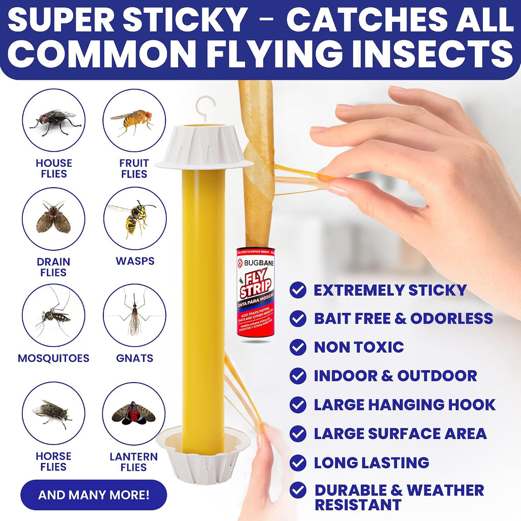 Fly Stick Sticky Fly Traps For Indoors Outdoor 4Pk With 12 Ribbons. Non-Toxic Super Sticky Hanging Flies Catcher Paper Tape Strips For Home