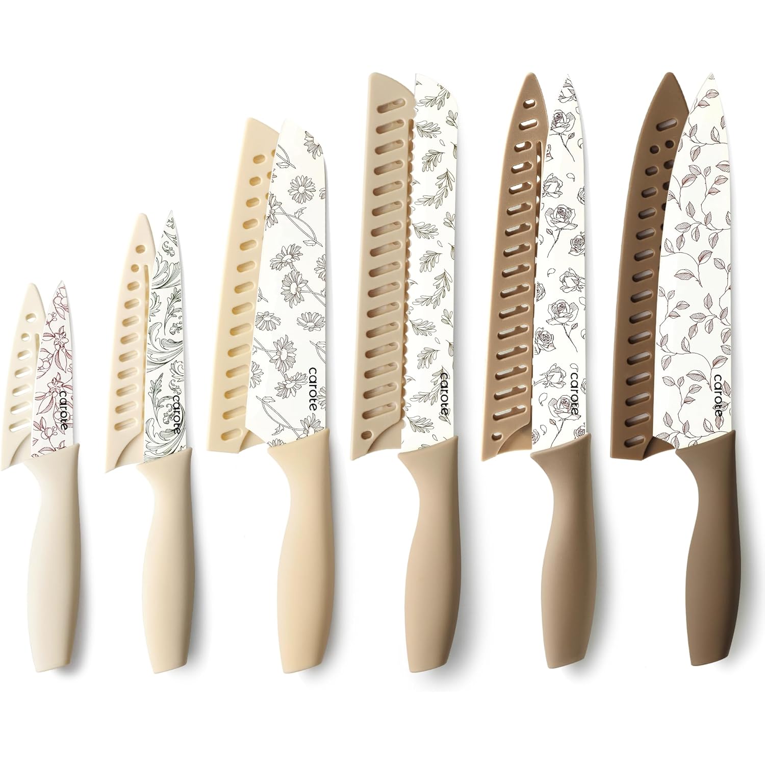 CAROTE 12PCS Knife Set, Kitchen Knife Set with 6 Blade Guards, Stainless Steel Knives Set With Nonstick Ceramic Coating, Rustproof, Delicate Floral Designs, White