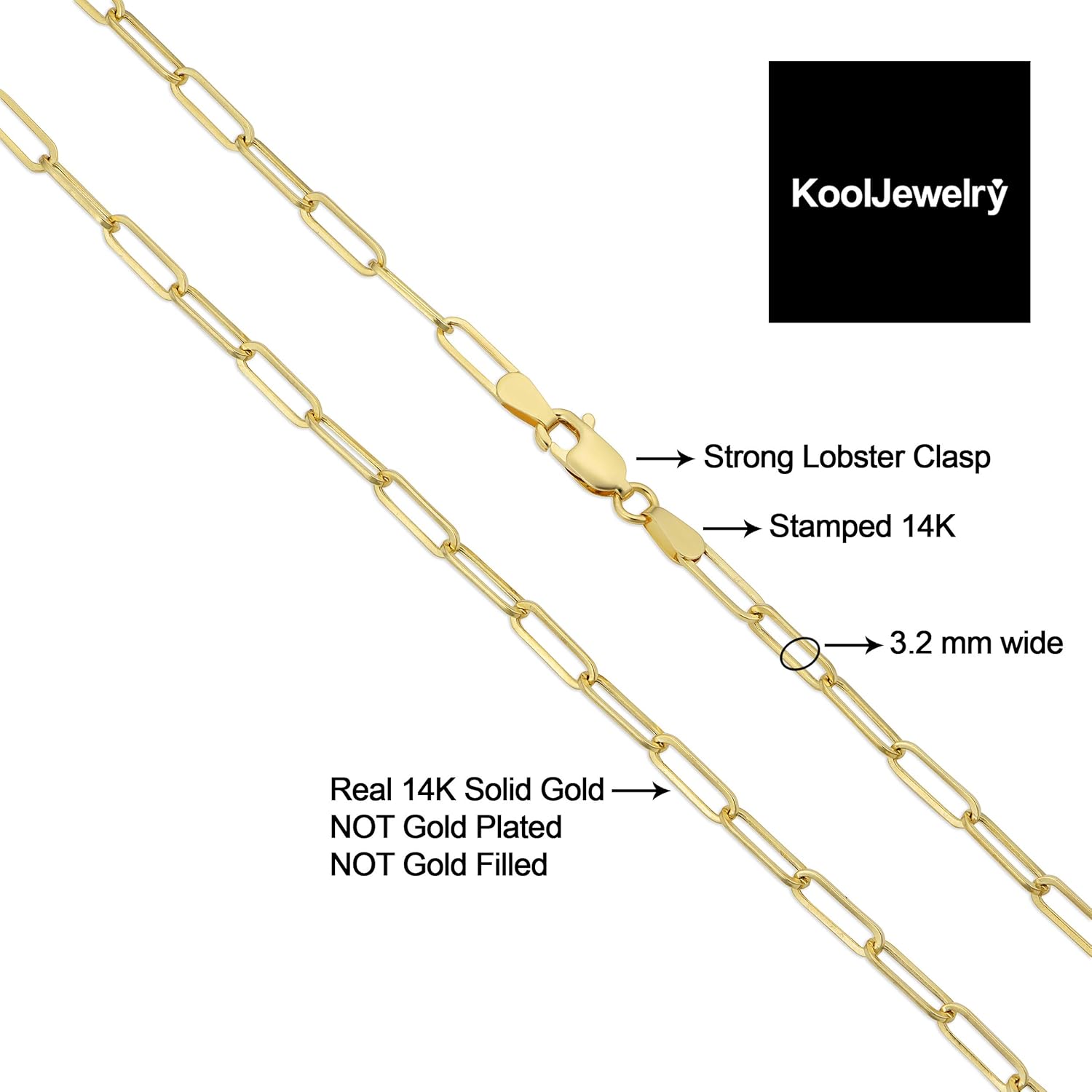 Kooljewelry Womens Chain Classic - 14k Yellow Gold Polished Paperclip Chain Necklace